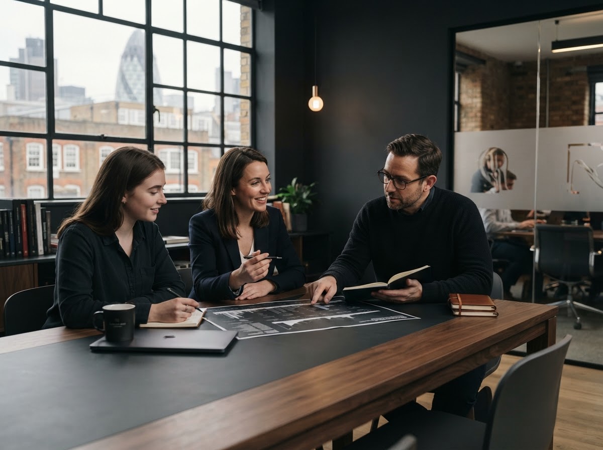 Noble Rendwick analysts reviewing predictive data models on screen